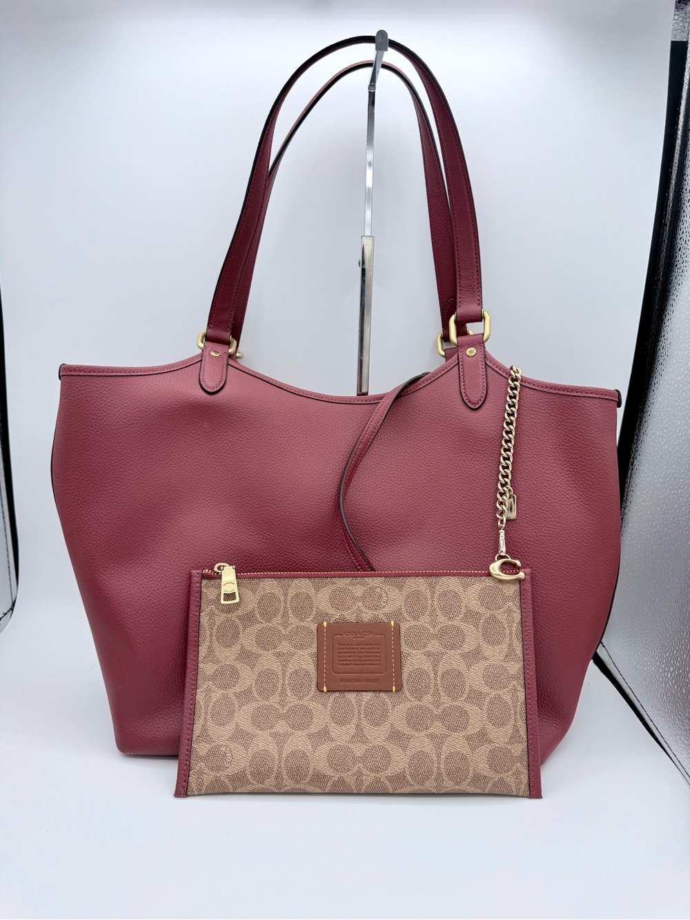 Coach Day Tote Wine Leather Signature Canvas + Pouch C6337